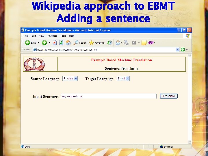 Wikipedia approach to EBMT Adding a sentence 