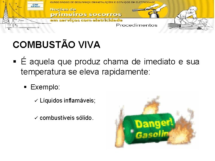 COMBUSTÃO VIVA § É aquela que produz chama de imediato e sua temperatura se