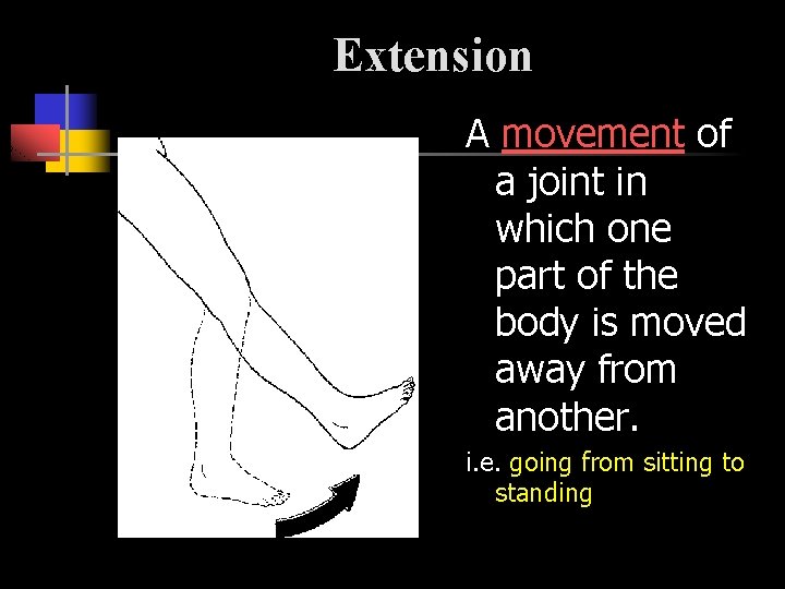 Extension A movement of a joint in which one part of the body is