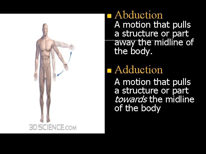 n Abduction n Adduction A motion that pulls a structure or part away the