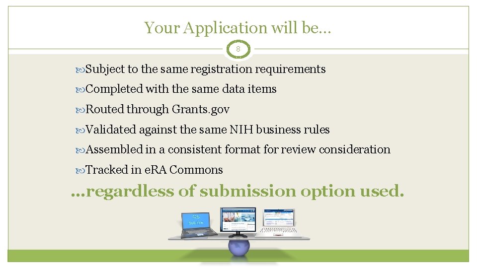 Your Application will be… 8 Subject to the same registration requirements Completed with the