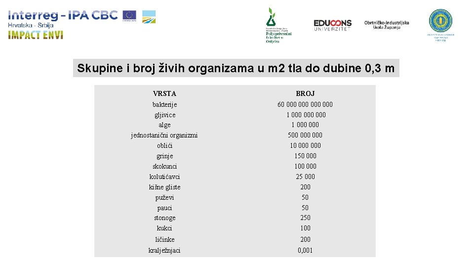 Skupine i broj živih organizama u m 2 tla do dubine 0, 3 m