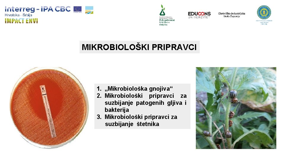 MIKROBIOLOŠKI PRIPRAVCI 1. „Mikrobiološka gnojiva“ 2. Mikrobiološki pripravci za suzbijanje patogenih gljiva i bakterija