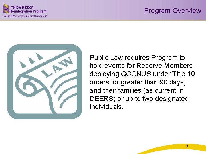 Program Overview Public Law requires Program to hold events for Reserve Members deploying OCONUS