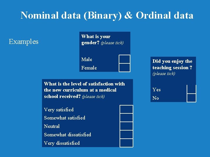 Nominal data (Binary) & Ordinal data What is your gender? (please tick) Examples Male