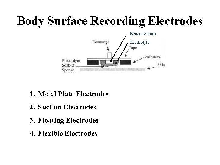 Body Surface Recording Electrodes Electrode metal Electrolyte 1. Metal Plate Electrodes 2. Suction Electrodes