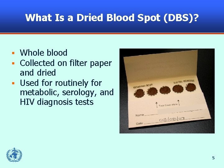 What Is a Dried Blood Spot (DBS)? Whole blood Collected on filter paper and