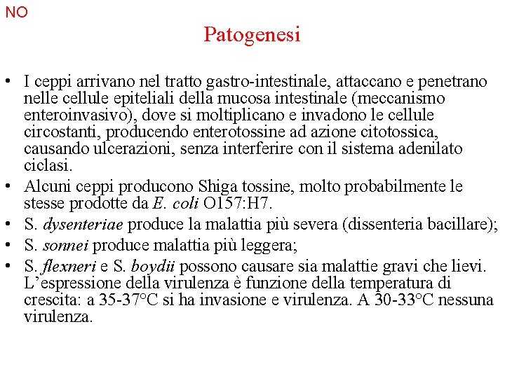 NO Patogenesi • I ceppi arrivano nel tratto gastro-intestinale, attaccano e penetrano nelle cellule