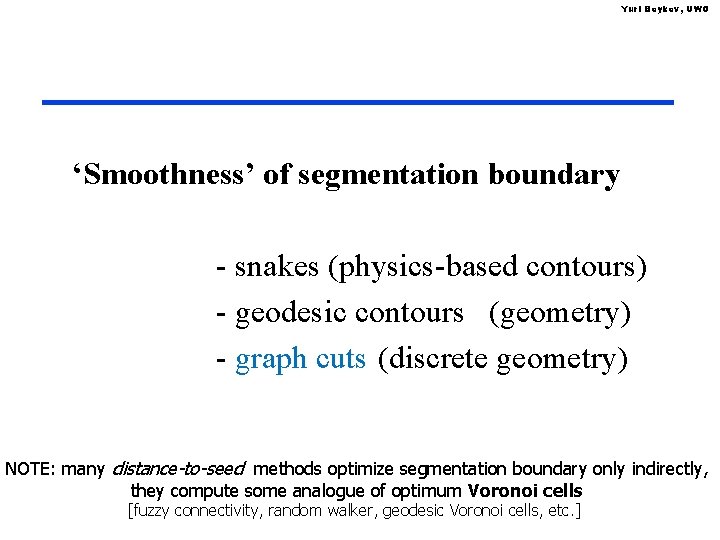 Yuri Boykov, UWO ‘Smoothness’ of segmentation boundary - snakes (physics-based contours) - geodesic contours