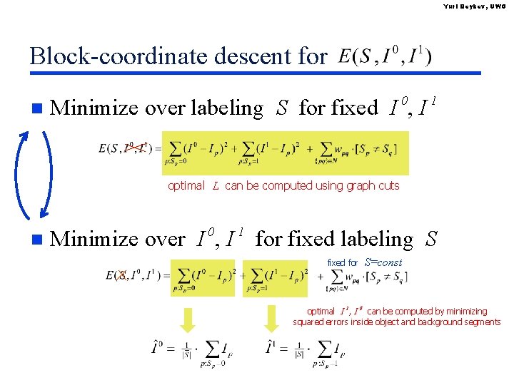 Yuri Boykov, UWO Block-coordinate descent for n 0 Minimize over labeling S for fixed