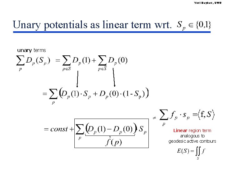 Yuri Boykov, UWO Unary potentials as linear term wrt. unary terms = Linear region