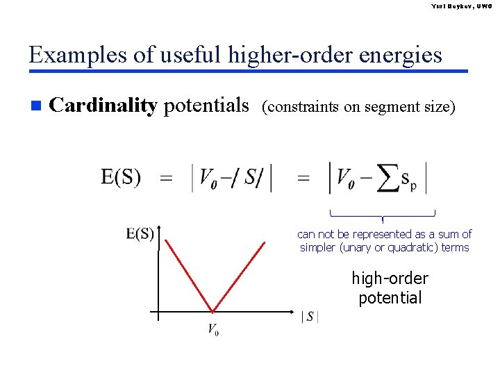 Yuri Boykov, UWO Examples of useful higher-order energies n Cardinality potentials (constraints on segment