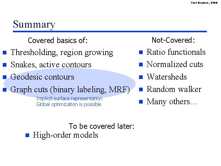 Yuri Boykov, UWO Summary Not-Covered: Covered basics of: n n Thresholding, region growing Snakes,