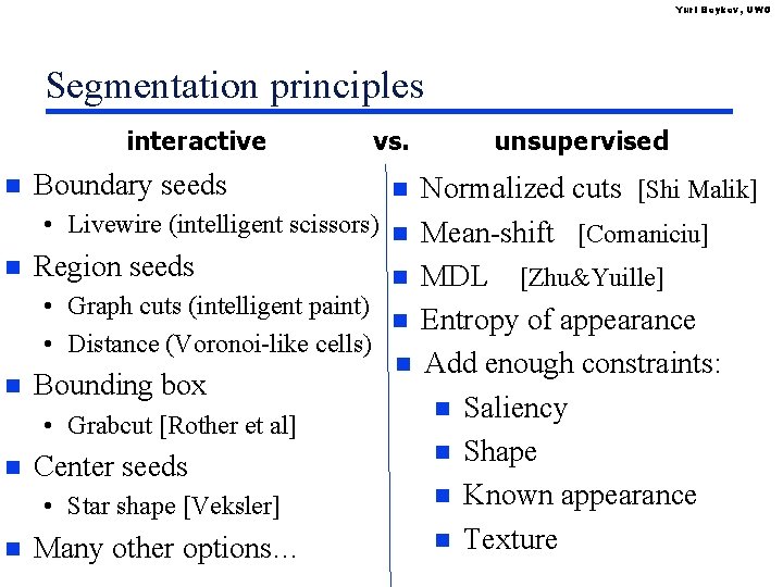 Yuri Boykov, UWO Segmentation principles interactive n n n Boundary seeds vs. unsupervised Normalized