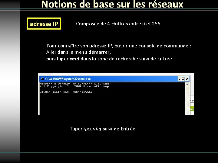 Notions de base sur les réseaux adresse IP Composée de 4 chiffres entre 0