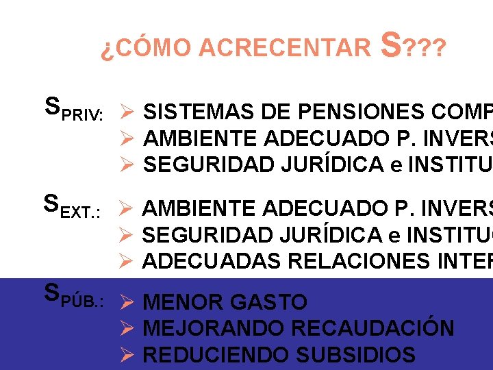 ¿CÓMO ACRECENTAR S? ? ? SPRIV: Ø SISTEMAS DE PENSIONES COMP Ø AMBIENTE ADECUADO