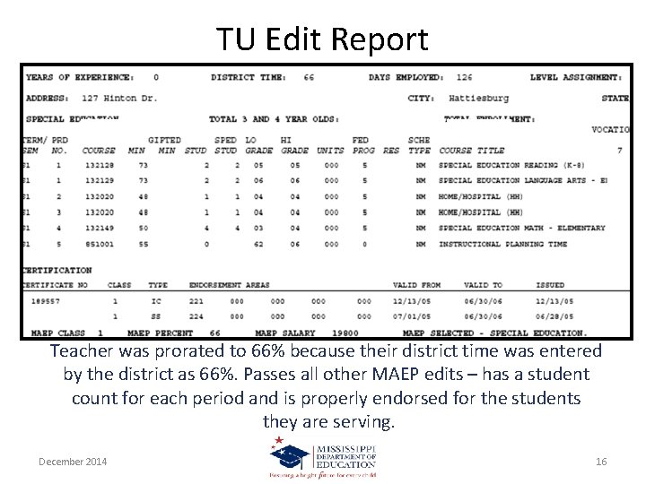 TU Edit Report Teacher was prorated to 66% because their district time was entered