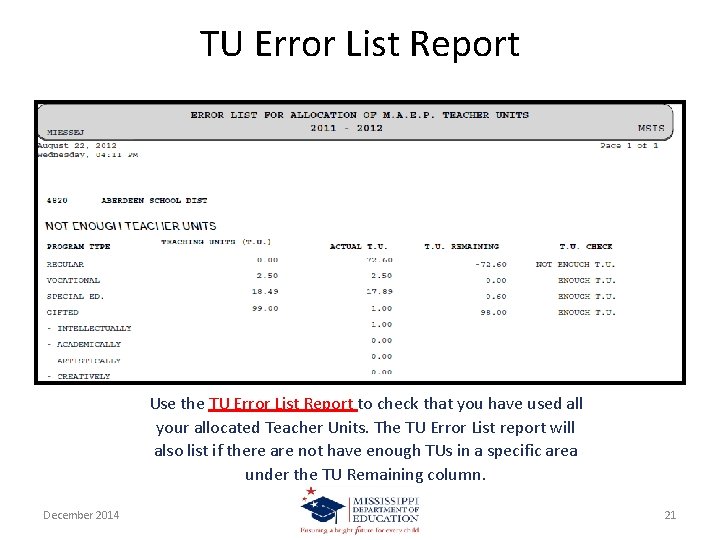 TU Error List Report Use the TU Error List Report to check that you
