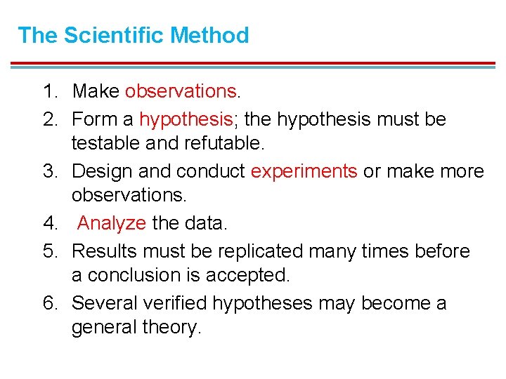 The Scientific Method 1. Make observations. 2. Form a hypothesis; the hypothesis must be