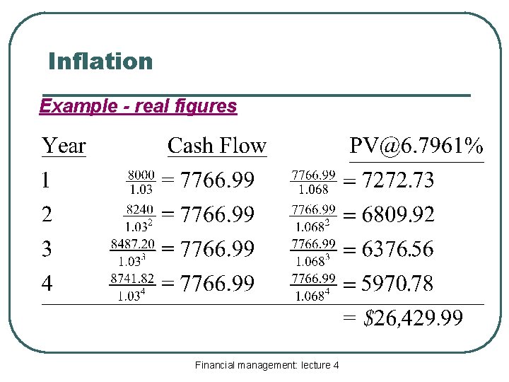 Inflation Example - real figures Financial management: lecture 4 