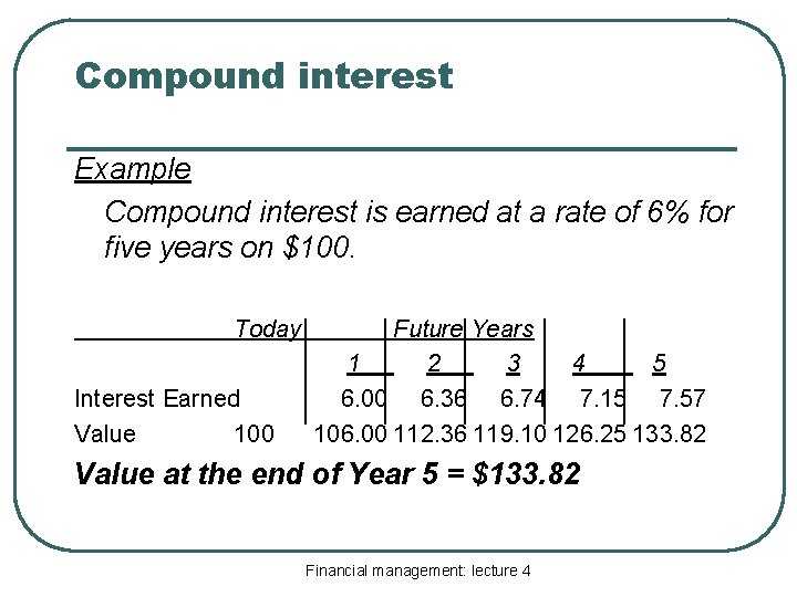 Compound interest Example Compound interest is earned at a rate of 6% for five