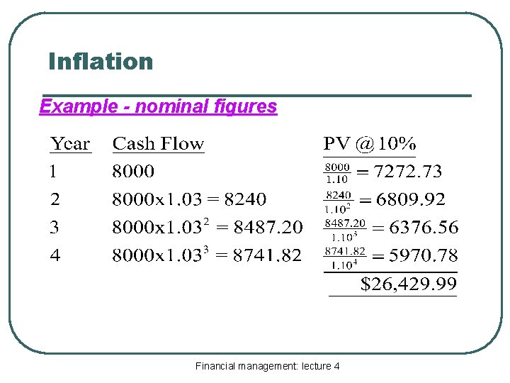 Inflation Example - nominal figures Financial management: lecture 4 