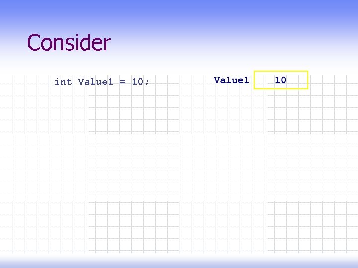 Consider int Value 1 = 10; 