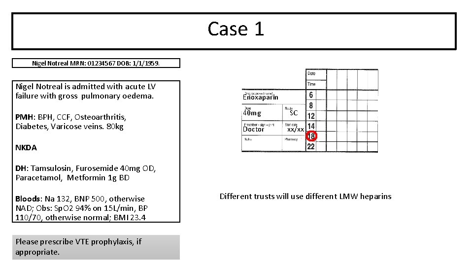 Case 1 Nigel Notreal MRN: 01234567 DOB: 1/1/1959. Nigel Notreal is admitted with acute