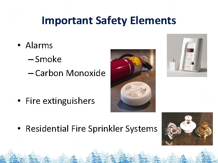 Important Safety Elements • Alarms – Smoke – Carbon Monoxide • Fire extinguishers •