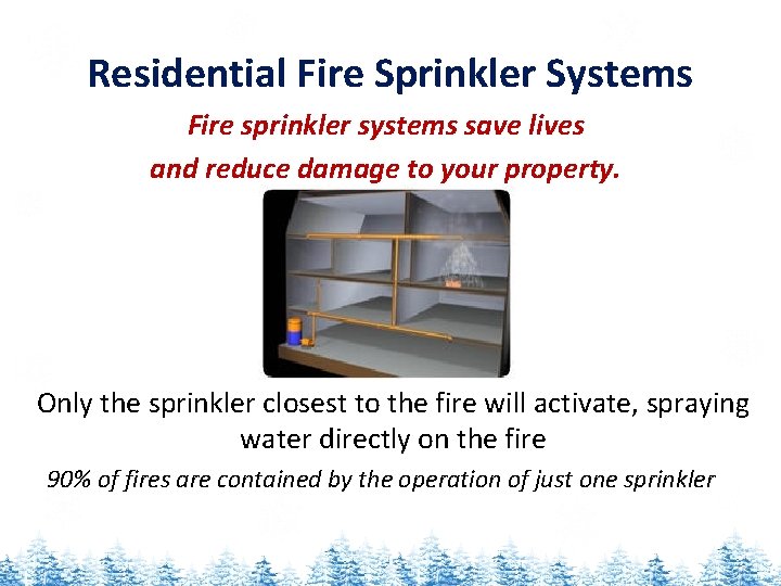 Residential Fire Sprinkler Systems Fire sprinkler systems save lives and reduce damage to your