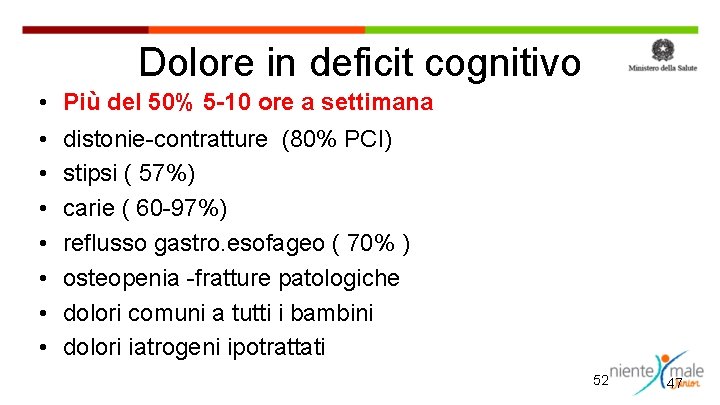 Dolore in deficit cognitivo • Più del 50% 5 -10 ore a settimana •