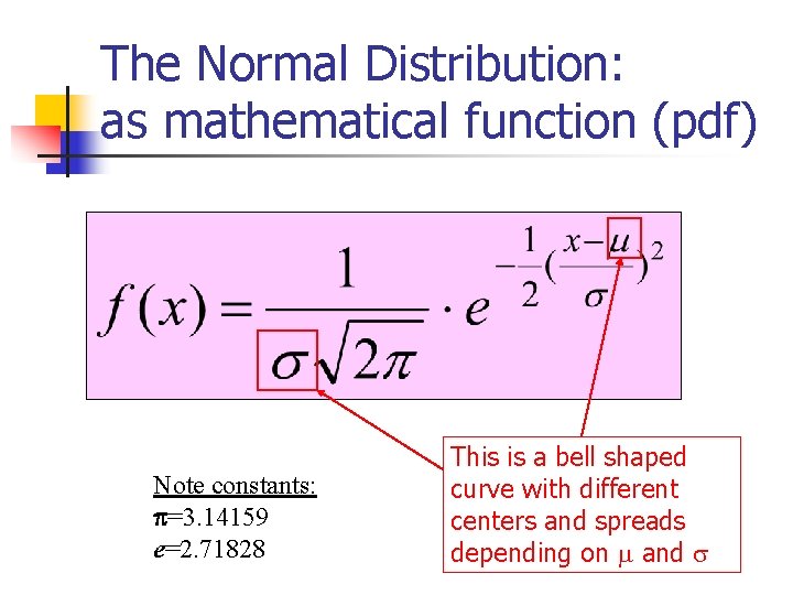 The Normal Distribution: as mathematical function (pdf) Note constants: =3. 14159 e=2. 71828 This