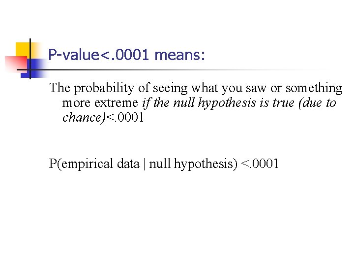 P-value<. 0001 means: The probability of seeing what you saw or something more extreme