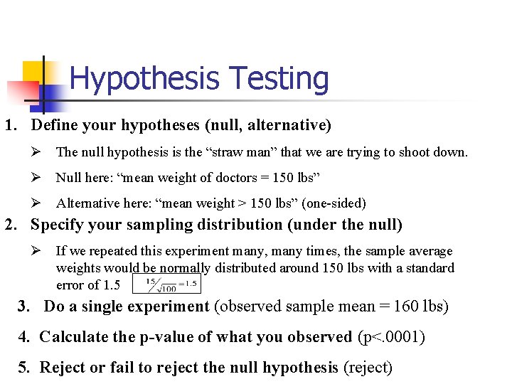 Hypothesis Testing 1. Define your hypotheses (null, alternative) Ø The null hypothesis is the