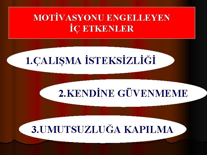 MOTİVASYONU ENGELLEYEN İÇ ETKENLER 1. ÇALIŞMA İSTEKSİZLİĞİ 2. KENDİNE GÜVENMEME 3. UMUTSUZLUĞA KAPILMA 