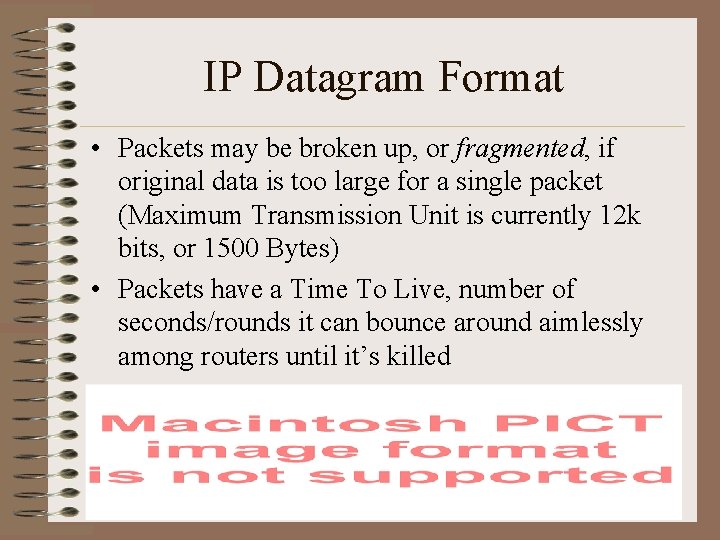 IP Datagram Format • Packets may be broken up, or fragmented, if original data