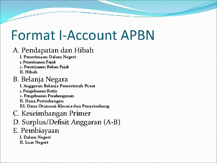 Format I-Account APBN A. Pendapatan dan Hibah I. Penerimaan Dalam Negeri 1. Penerimaan Pajak