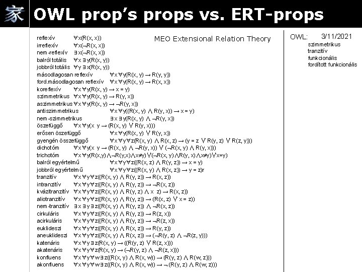 OWL prop’s props vs. ERT-props reflexív ∀x(R(x, x)) MEO Extensional Relation Theory irreflexív ∀x(
