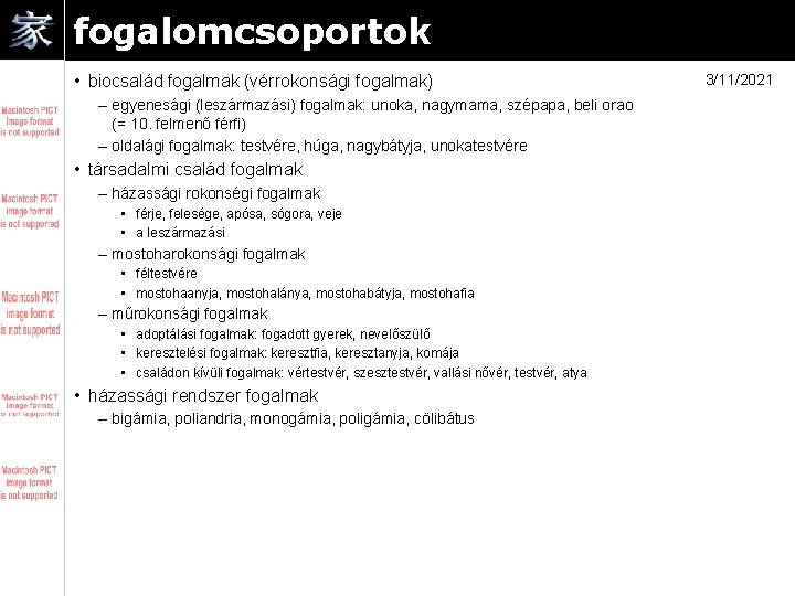 fogalomcsoportok • biocsalád fogalmak (vérrokonsági fogalmak) – egyenesági (leszármazási) fogalmak: unoka, nagymama, szépapa, beli