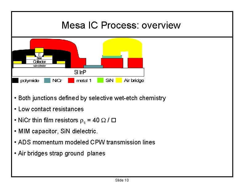 Mesa IC Process: overview • Both junctions defined by selective wet-etch chemistry • Low