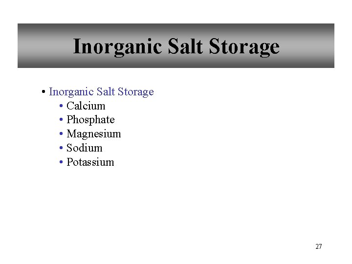 Inorganic Salt Storage • Calcium • Phosphate • Magnesium • Sodium • Potassium 27