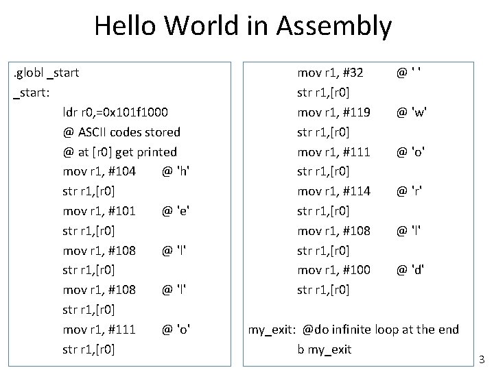Hello World in Assembly. globl _start: ldr r 0, =0 x 101 f 1000