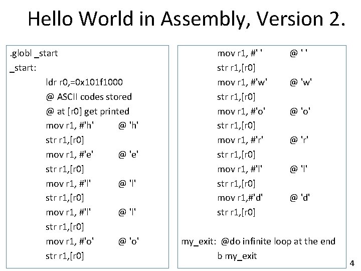 Hello World in Assembly, Version 2. . globl _start: ldr r 0, =0 x