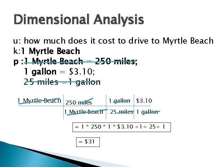 Dimensional Analysis u: how much does it cost to drive to Myrtle Beach k: