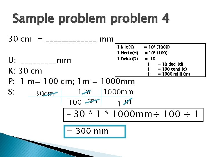 Sample problem 4 30 cm = _______ mm 1 Kilo(K) 1 Hecto(H) 1 Deka