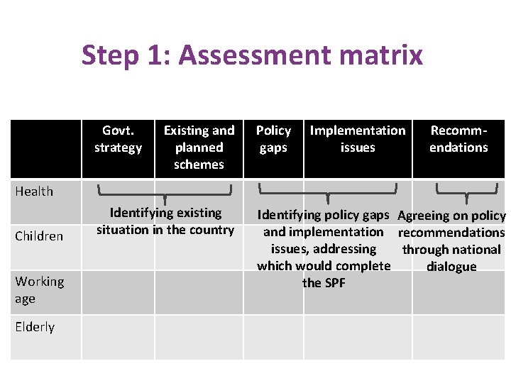 Step 1: Assessment matrix Govt. strategy Existing and planned schemes Policy gaps Implementation issues