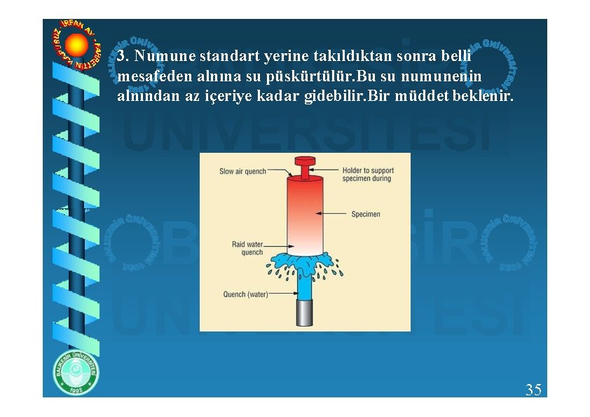 3. Numune standart yerine takıldıktan sonra belli mesafeden alnına su püskürtülür. Bu su numunenin