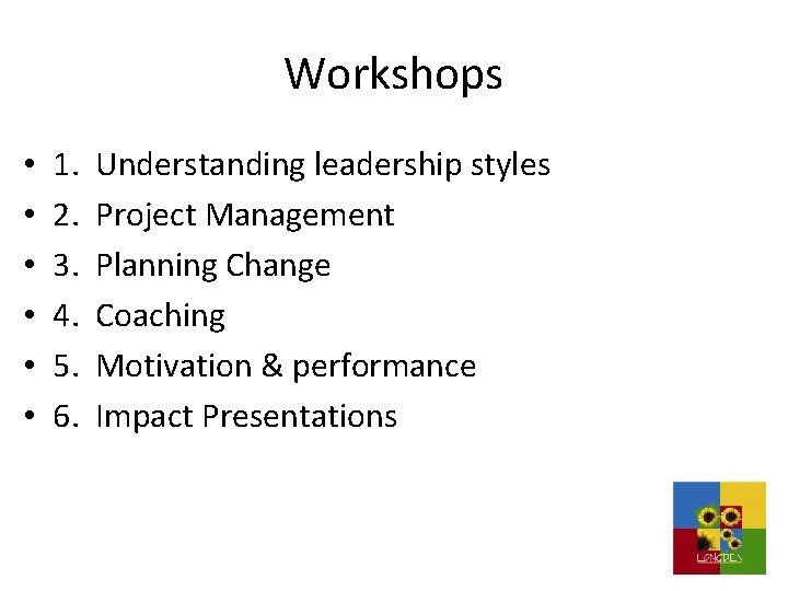 Workshops • • • 1. 2. 3. 4. 5. 6. Understanding leadership styles Project