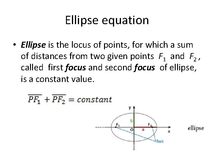 Ellipse equation • Ellipse is the locus of points, for which a sum of
