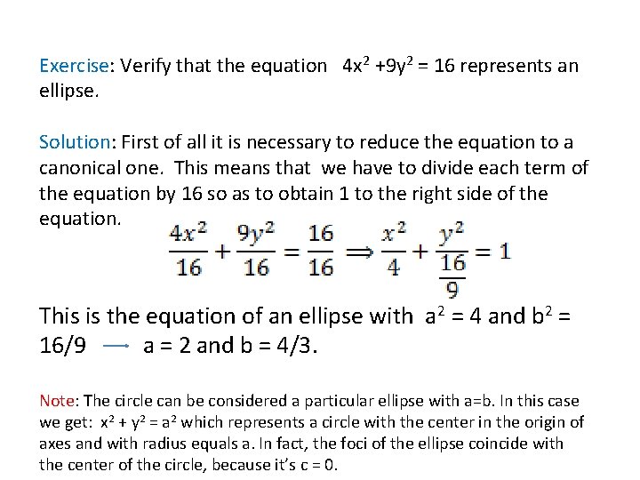 Exercise: Verify that the equation 4 x 2 +9 y 2 = 16 represents